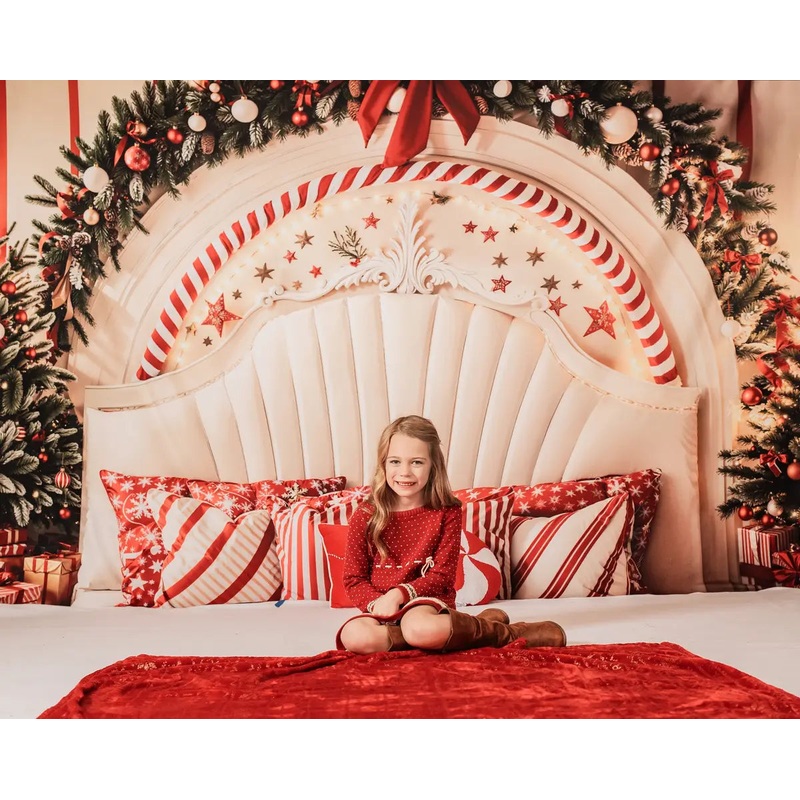 Kate Christmas Candy Cane Arch Headboard Upholstered Backdrop Designed by Emetselch Microfiber (Printed) 7x5ft - For Twin Size Mattress