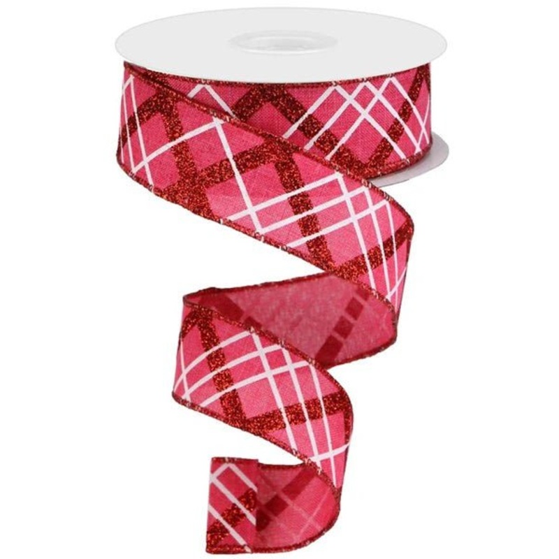 1.5" Diagonal Glitter Plaid Ribbon: Hot Pink/Red/White - 10yds