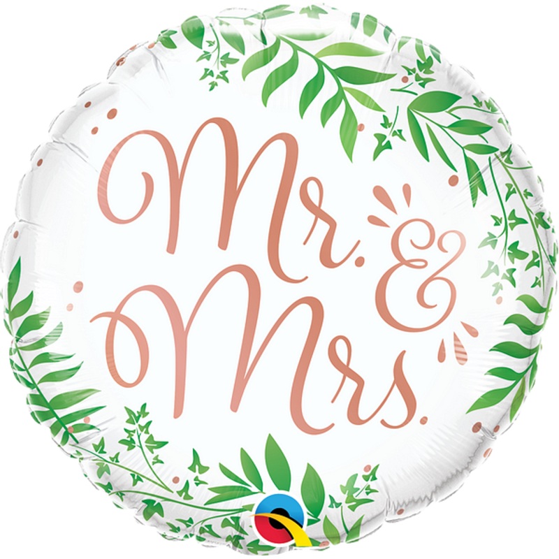 18 Standard Wedding Helium Foil Balloon - Mr & Mrs Rose Gold & Greenery  Design