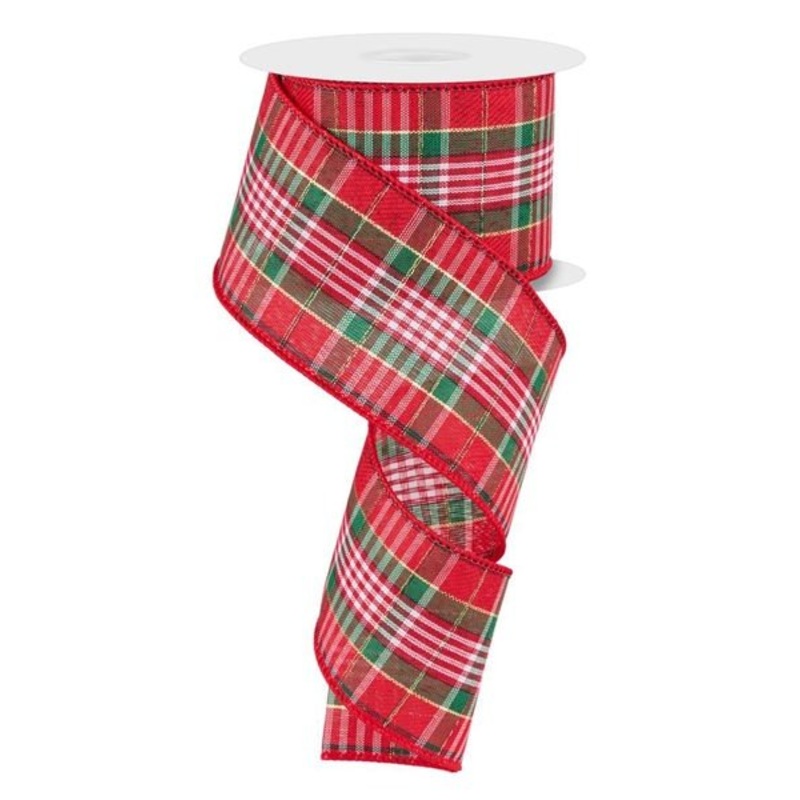 2.5" Woven Plaid Ribbon - Red/Wht/Emer/Blk/Gold - 10yds