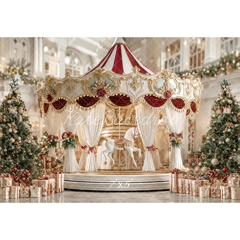 Kate Christmas Fairytale Carousel Tree Presents Backdrop Designed by Emetselch Microfiber (Printed) 7x5ft - small kids sitting / cake smash