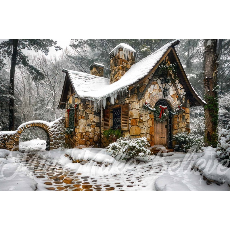 Kate Winter Outdoor Forest Brown Stone Cottage Backdrop Designed by Mini MakeBelieve 7x5ft - small kids sitting / cake smash Microfiber (Printed)