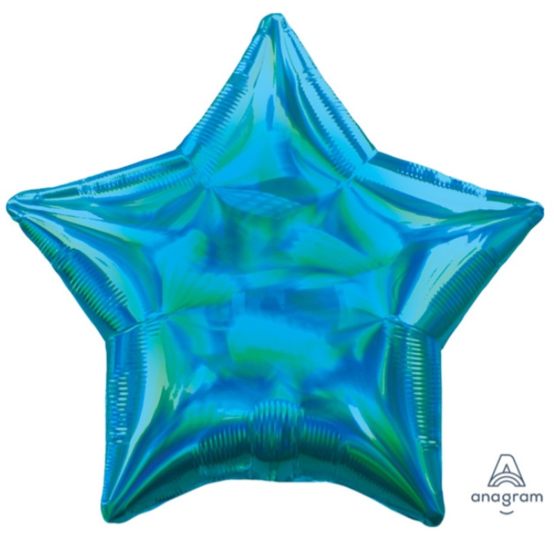 19" Star Iridescent Cyan Blue Inflated with Helium and Ribbon