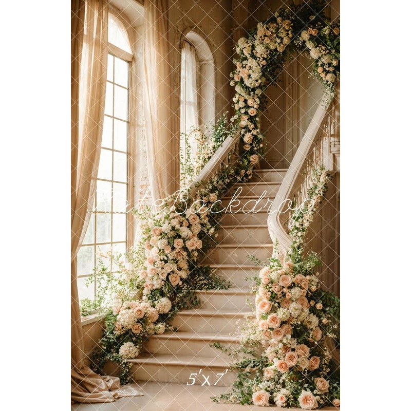 Kate Cascading Stairs Floral Arched Window Backdrop Designed by Emetselch Microfiber (Printed) 5x7ft(1.5x2.2m)