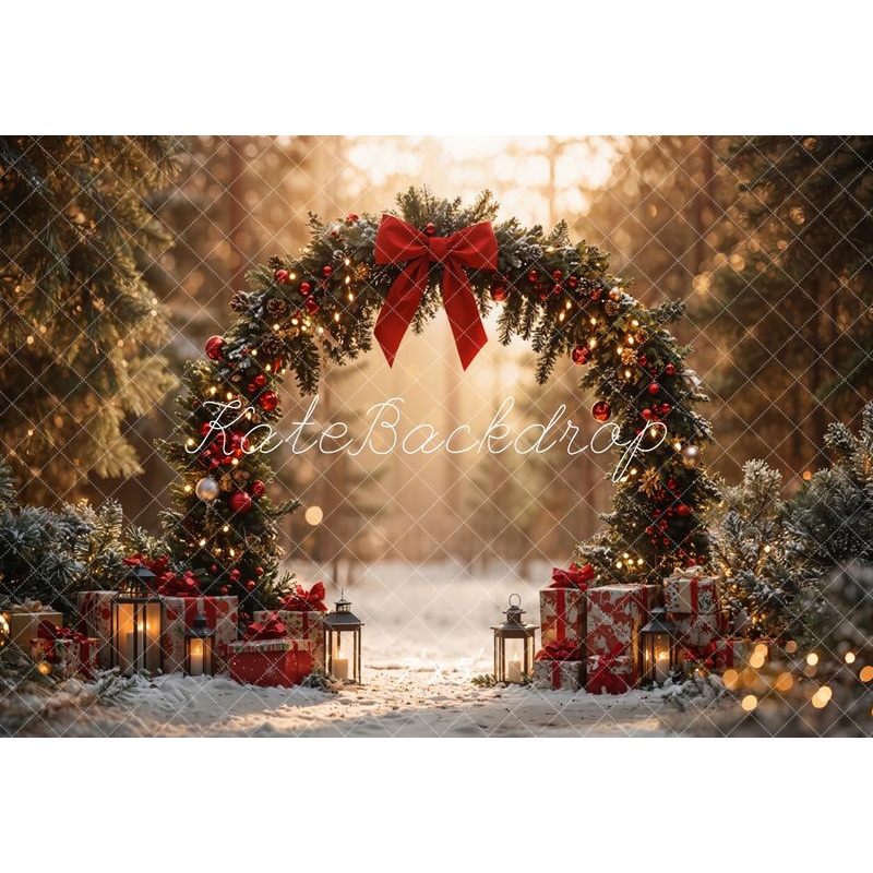 Kate Christmas Arch Bow Forest Sunlit Gifts Backdrop Designed by Emetselch Microfiber (Printed) 7x5ft - small kids sitting / cake smash