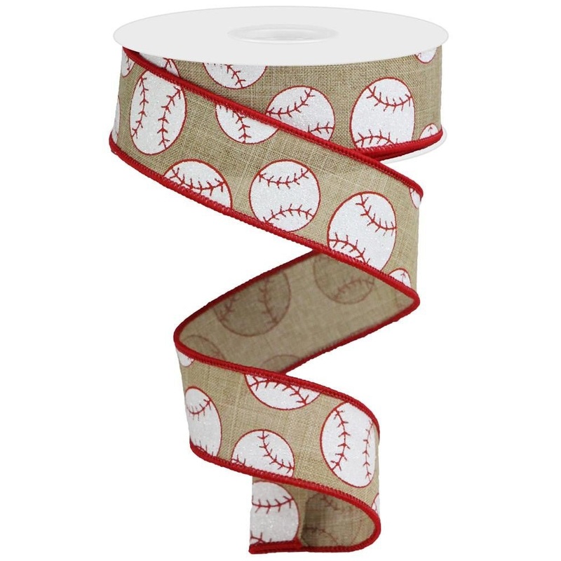 1.5" Glitter Baseball Print Ribbon: Beige - 10yds