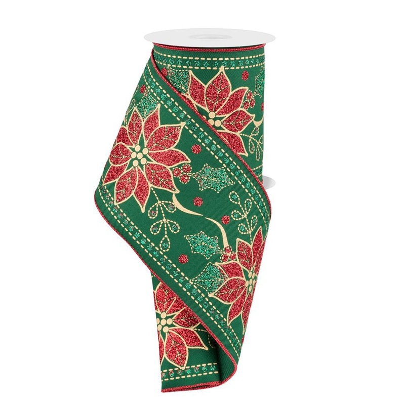 4" Christmas Poinsettia Ribbon: Green - 10yds