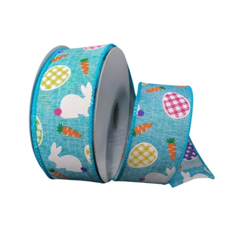 1.5" Gingham Eggs and Bunny Ribbon: Aqua - 10yds