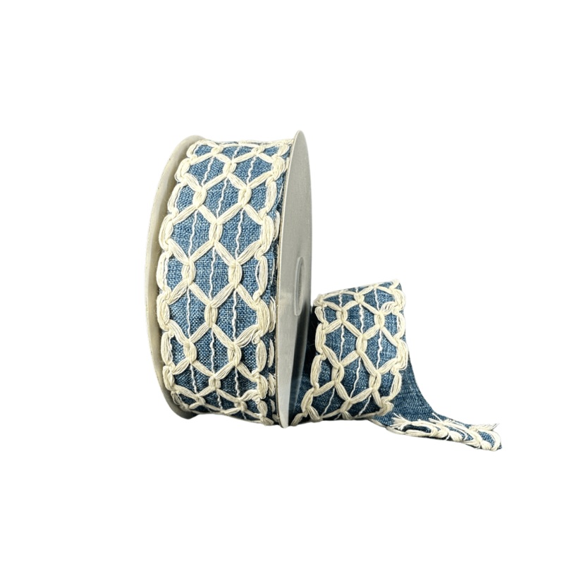 1.5" Ivory Jute Netting/Blue Denim Ribbon