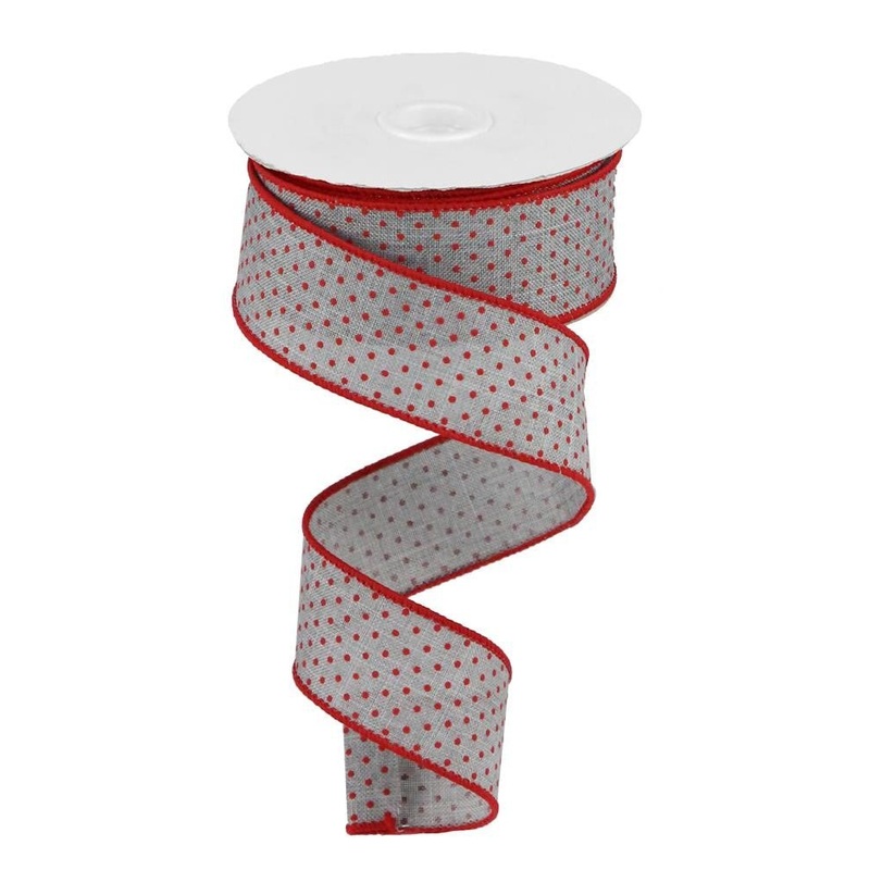 1.5" Raised Swiss Dot Ribbon: Lt Grey/Red - 10yds