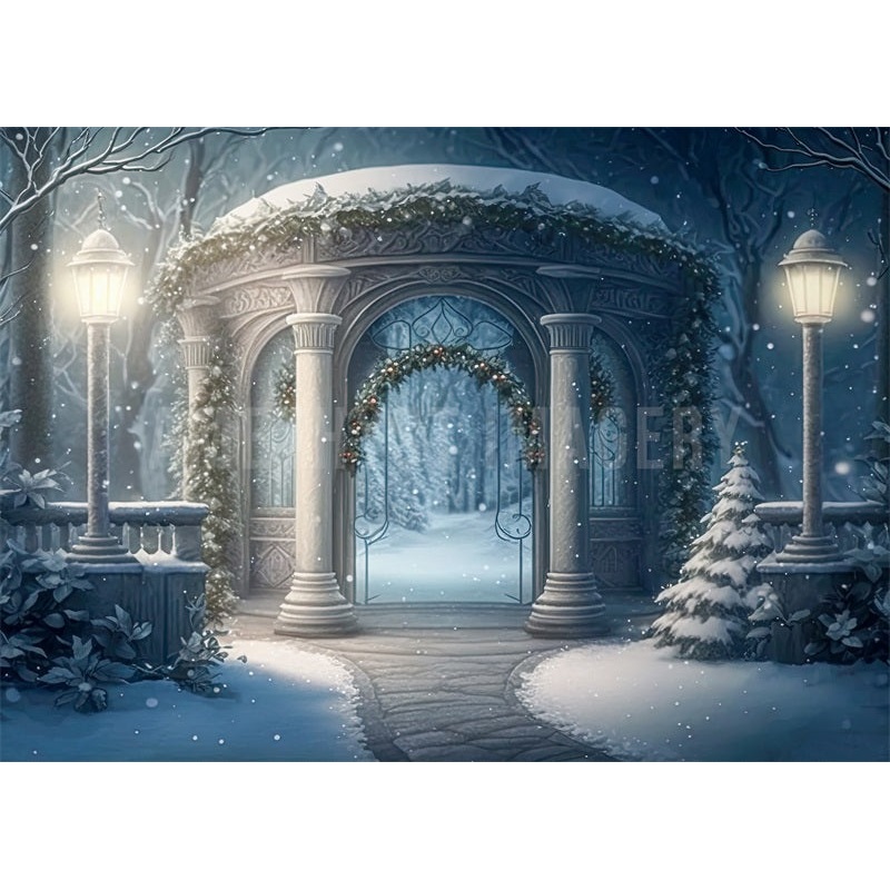 Kate Winter Gazebo Snow Light Backdrop Designed by Angela Miller 7x5ft - small kids sitting / cake smash Microfiber (Printed)