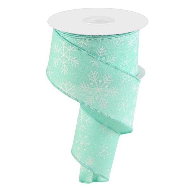 2.5" Snowflakes on Linen Ribbon: Mint - 10yds
