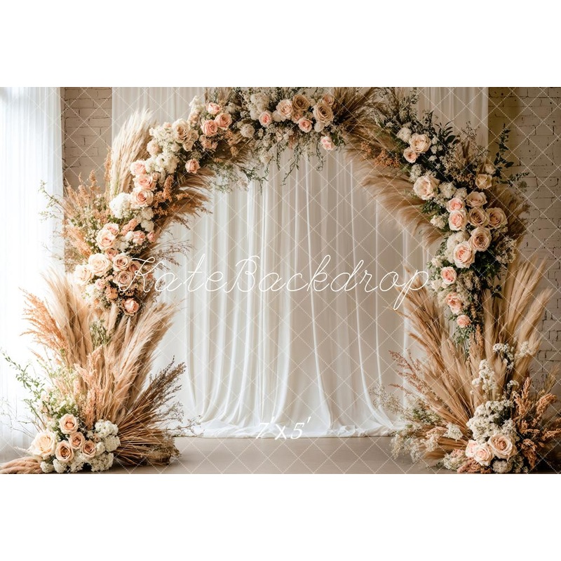 Kate Boho Pampas Grass Flower Arch Backdrop Designed by Emetselch Microfiber (Printed) 7x5ft - small kids sitting / cake smash