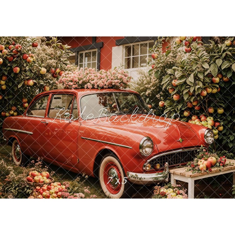 Kate Spring Vintage Car Apple Orchard Backdrop Designed by Emetselch Microfiber (Printed) 7x5ft - small kids sitting / cake smash