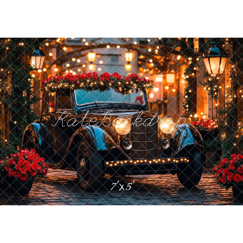 Kate Valentine Vintage Car Roses Lights Backdrop Designed by Emetselch Microfiber (Printed) 7x5ft - small kids sitting / cake smash