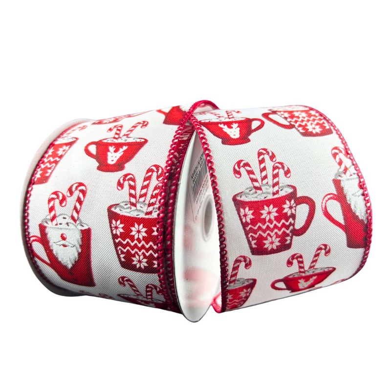 2.5" Santa Hot Cocoa Mugs Ribbon: White - 10yds