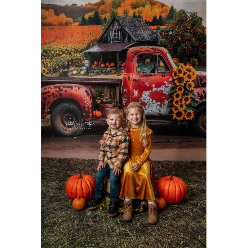 Kate Autumn Outdoor Forest Sunflower Orange Broken Truck Backdrop Designed by Mini MakeBelieve 7x5ft - small kids sitting / cake smash Microfiber (Printed)