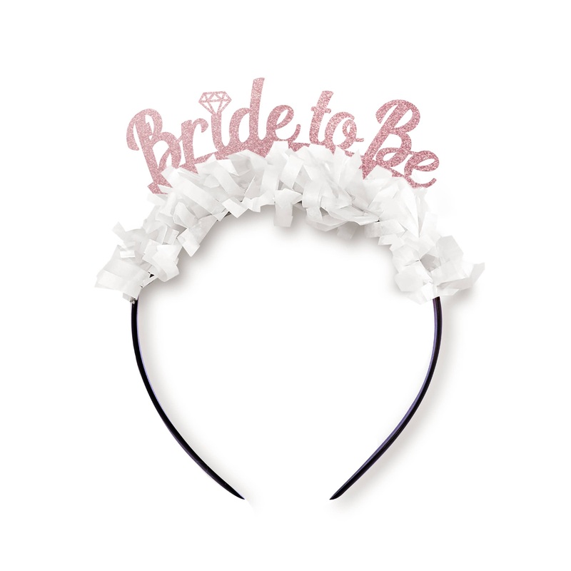 Bride To Be Bachelorette Party Headband Crown Gold words/white fringe