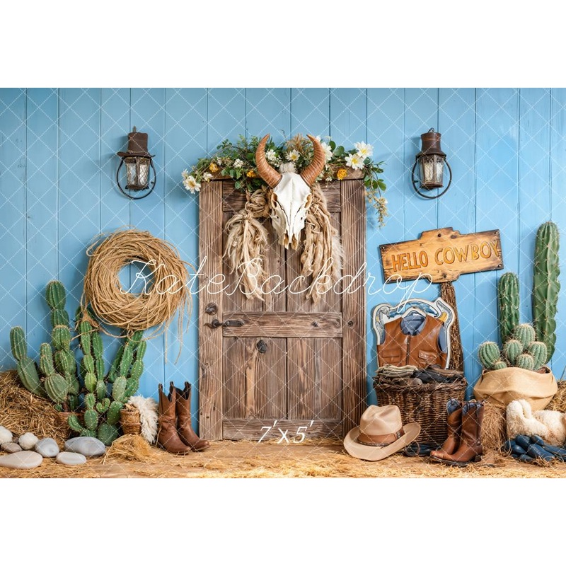 Kate Birthday Western Cowboy Cactus Door Backdrop Designed by Emetselch Microfiber (Printed) 7x5ft - small kids sitting / cake smash