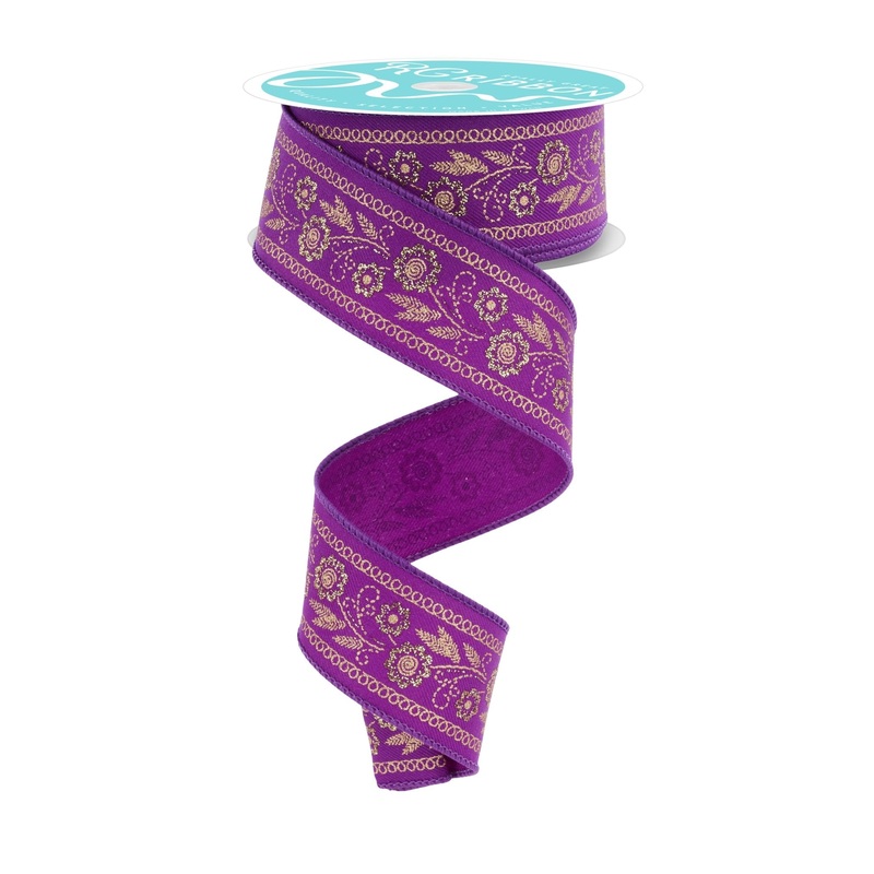 1.5" Embroidered Look Floral Ribbon: Purple/Gold - 10yds