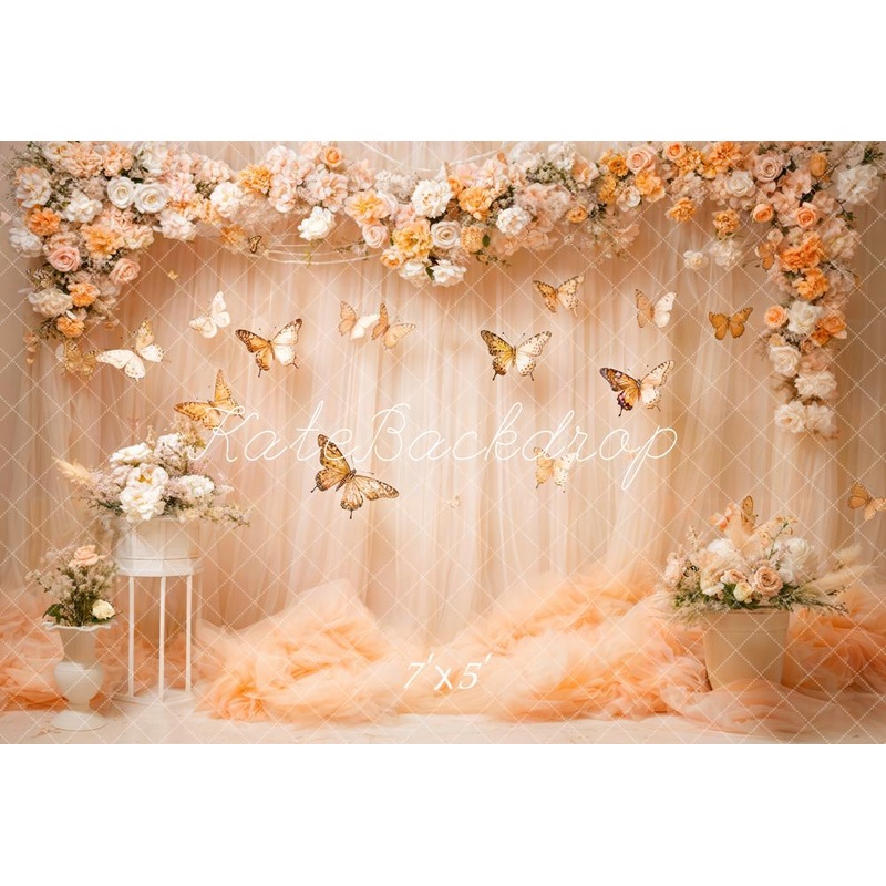 Kate Art Colorful Flower Butterfly Light Beige Curtain Backdrop Designed by Emetselch 7x5ft - small kids sitting / cake smash Microfiber (Printed)