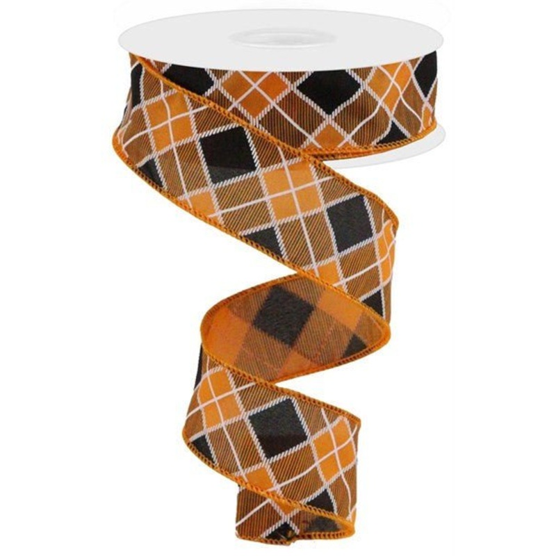 1.5" Diagonal Check Ribbon: Org/Blk/Wht - 10yds
