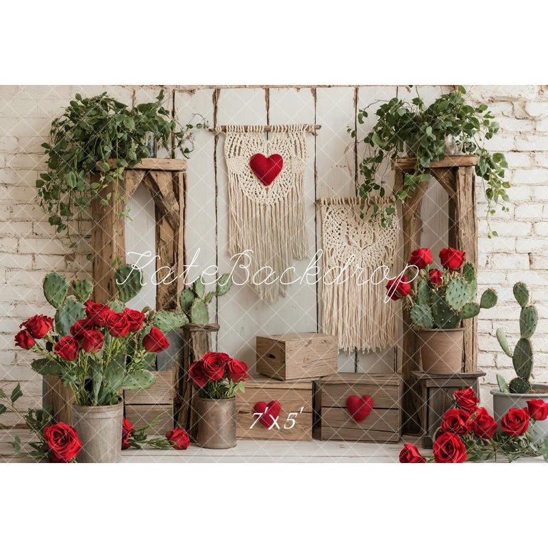 Kate Boho Roses Cactus Macrame White Brick Wall Backdrop Designed by Emetselch Microfiber (Printed) 7x5ft - small kids sitting / cake smash