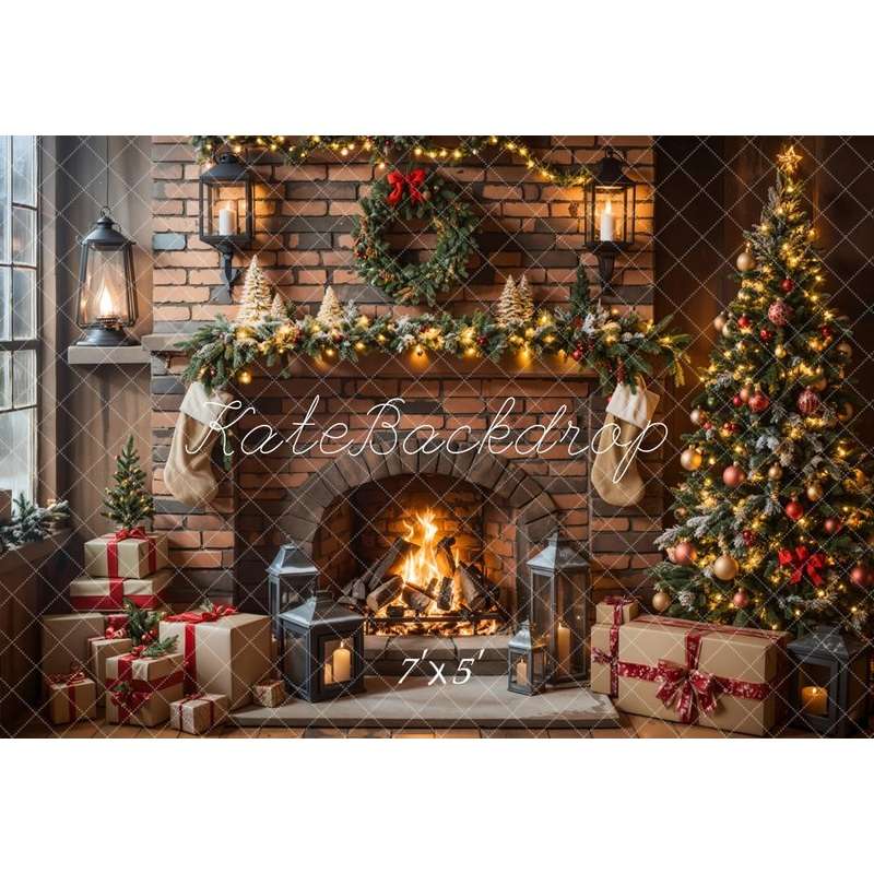 Kate Christmas Fireplace Tree Brick Wall Backdrop Designed by Emetselch Microfiber (Printed) 7x5ft - small kids sitting / cake smash
