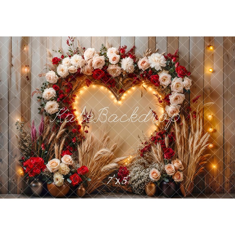 Kate Valentine Boho Floral Heart Lights Backdrop Designed by Emetselch Microfiber (Printed) 7x5ft - small kids sitting / cake smash