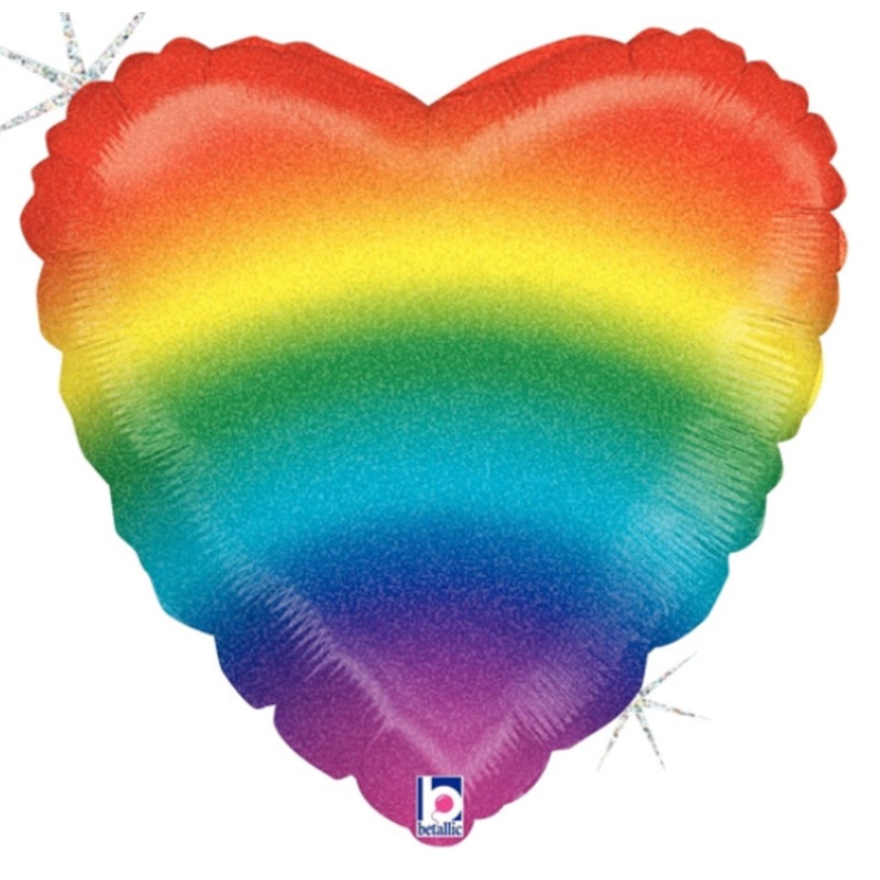 18" Heart Rainbow Stripes Holographic Inflated with Helium and Ribbon