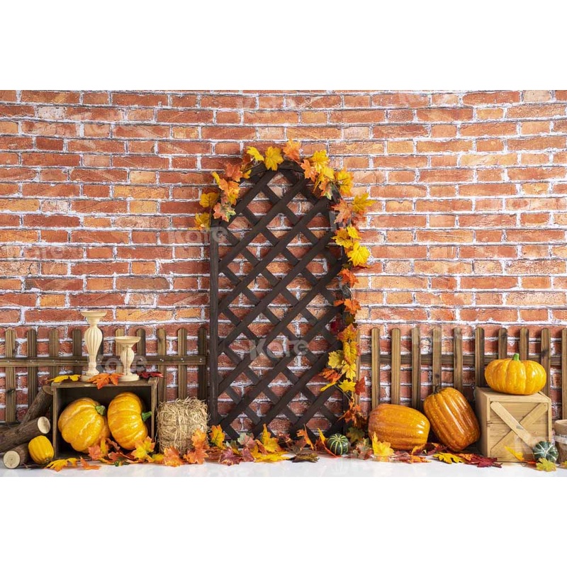 Kate Autumn Backdrop Pumpkin Retro Brick Wall Designed by Emetselch 5x3ft - newborns and babies Microfiber (Printed)