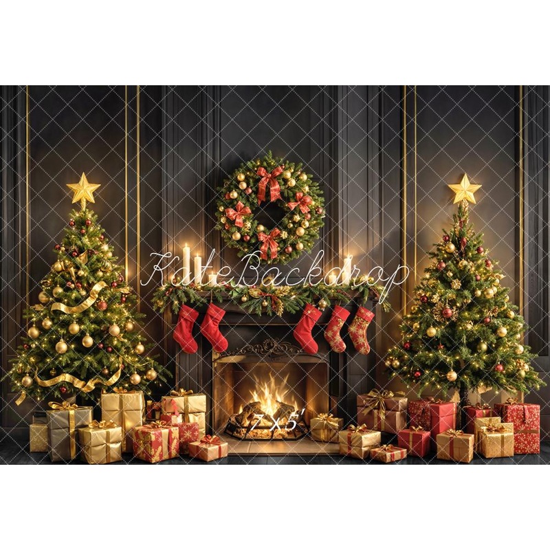 Kate Christmas Fireplace Tree Wreath Gifts Black Backdrop Designed by Emetselch Microfiber (Printed) 7x5ft - small kids sitting / cake smash
