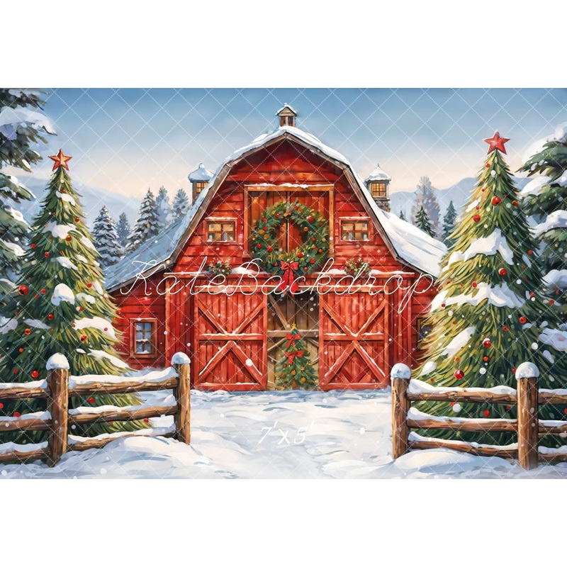 Kate Winter Outdoor Forest Christmas Red Farm House Backdrop Designed by GQ 7x5ft - small kids sitting / cake smash Microfiber (Printed)