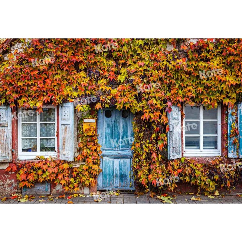 Kate Autumn Backdrop Outdoor Blue Door Leaves Nature Scene Designed by Chain Photography 5x3ft - newborns and babies Microfiber (Printed)