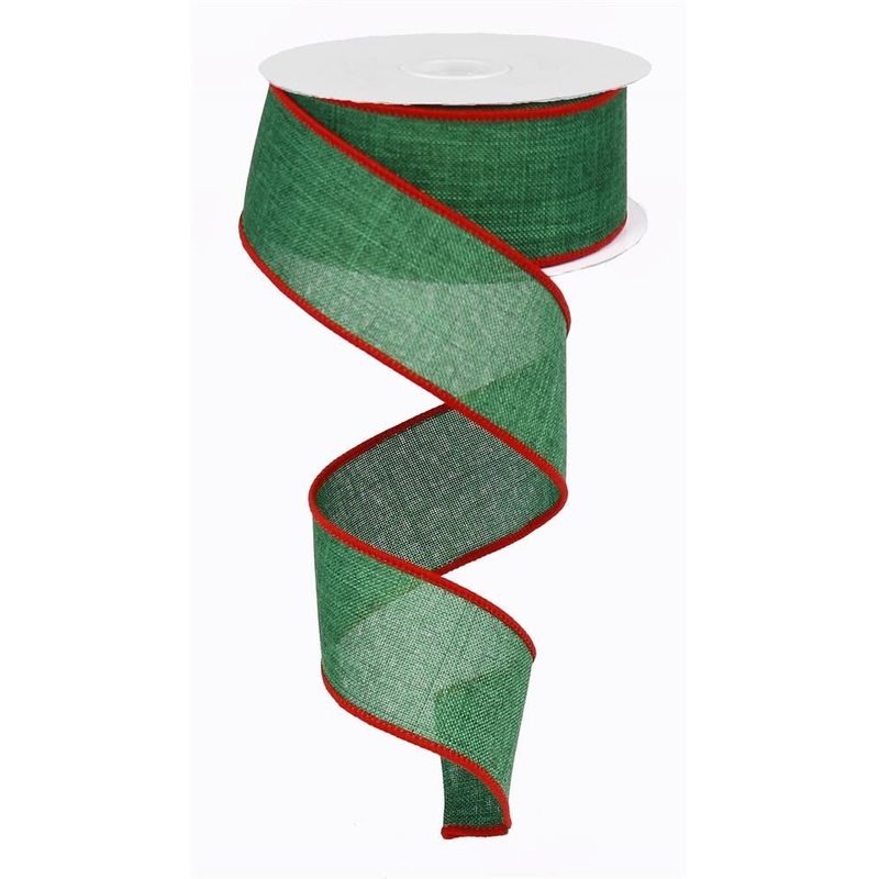 1.5" Emerald/Red Edge Linen Ribbon - 10Yds
