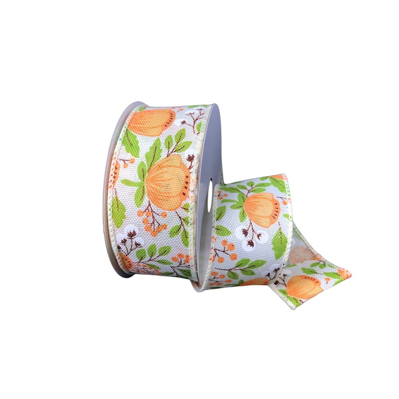 1.5" Peony and Cotton Pod Ribbon - Ivory/Lt Orange
