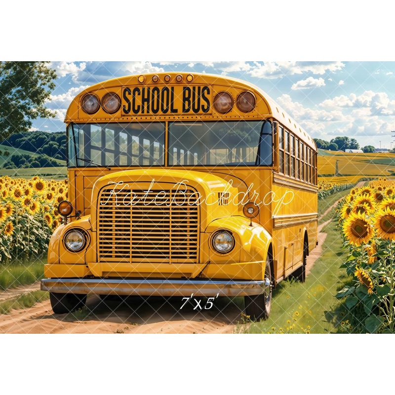 Kate Back to School Fall Yellow School Bus Sunflower Field Backdrop Designed by Emetselch Microfiber (Printed) 7x5ft - small kids sitting / cake smash