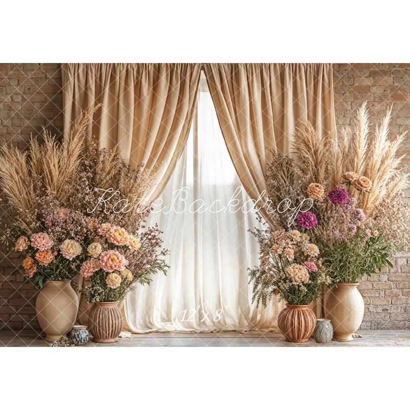 Kate Boho Pampes Floral Vase Beige Curtain Backdrop Designed by Emetselch Microfiber (Printed) 7x5ft - small kids sitting / cake smash