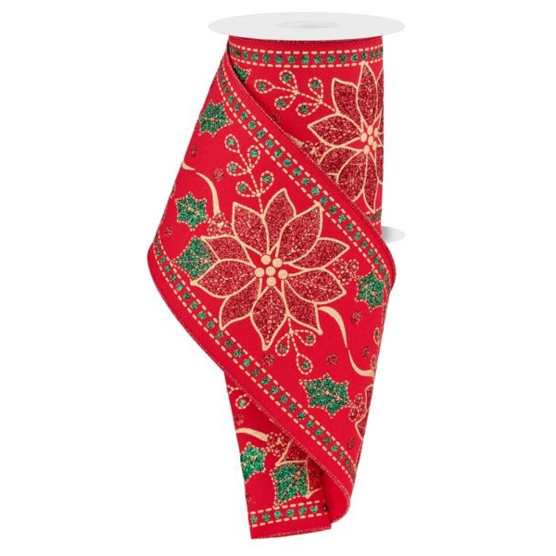 4" Christmas Poinsettia Ribbon: Red - 10yds