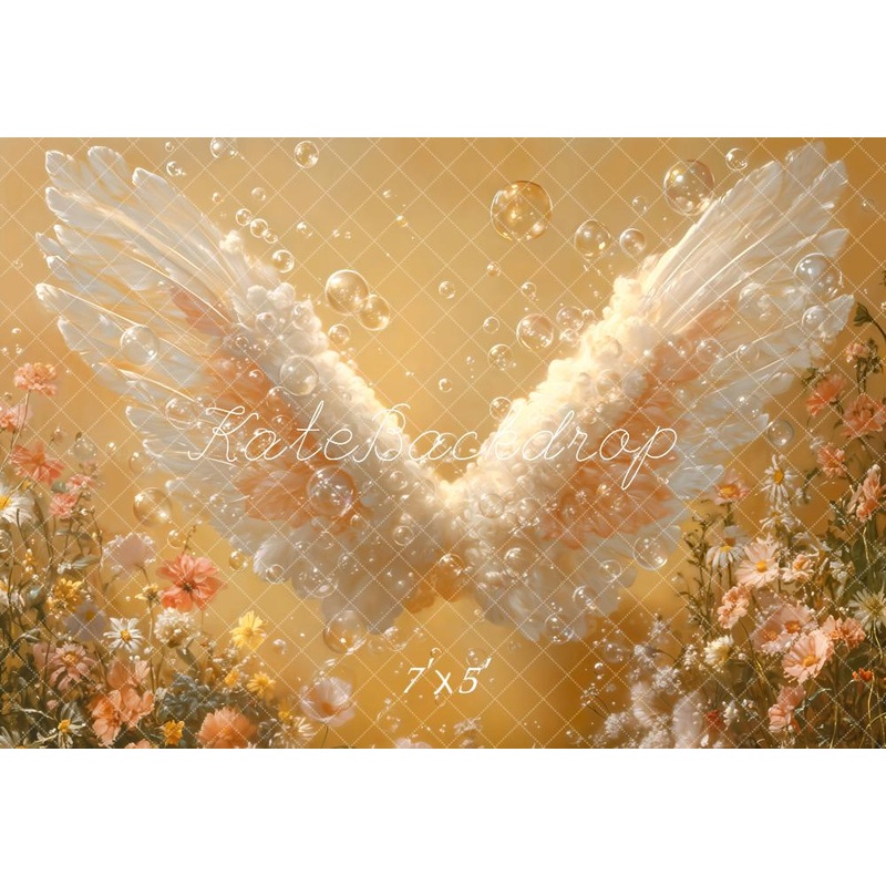 Kate Angel Wings Bubbles Yellow Floral Backdrop Designed by Emetselch Microfiber (Printed) 7x5ft - small kids sitting / cake smash