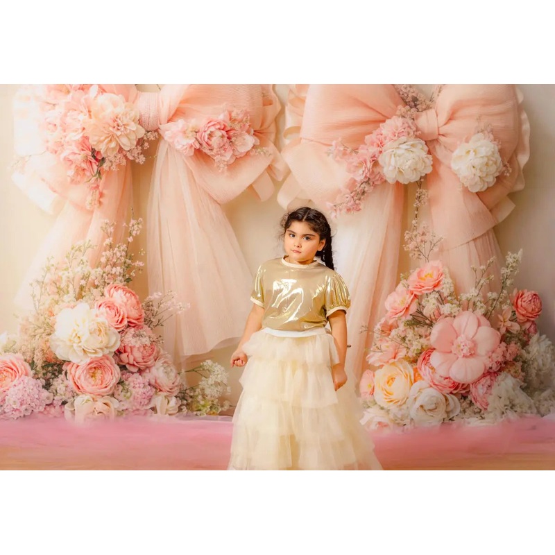 Kate Wedding Peach Floral Bow Backdrop Designed by Emetselch Microfiber (Printed) 7x5ft - small kids sitting / cake smash