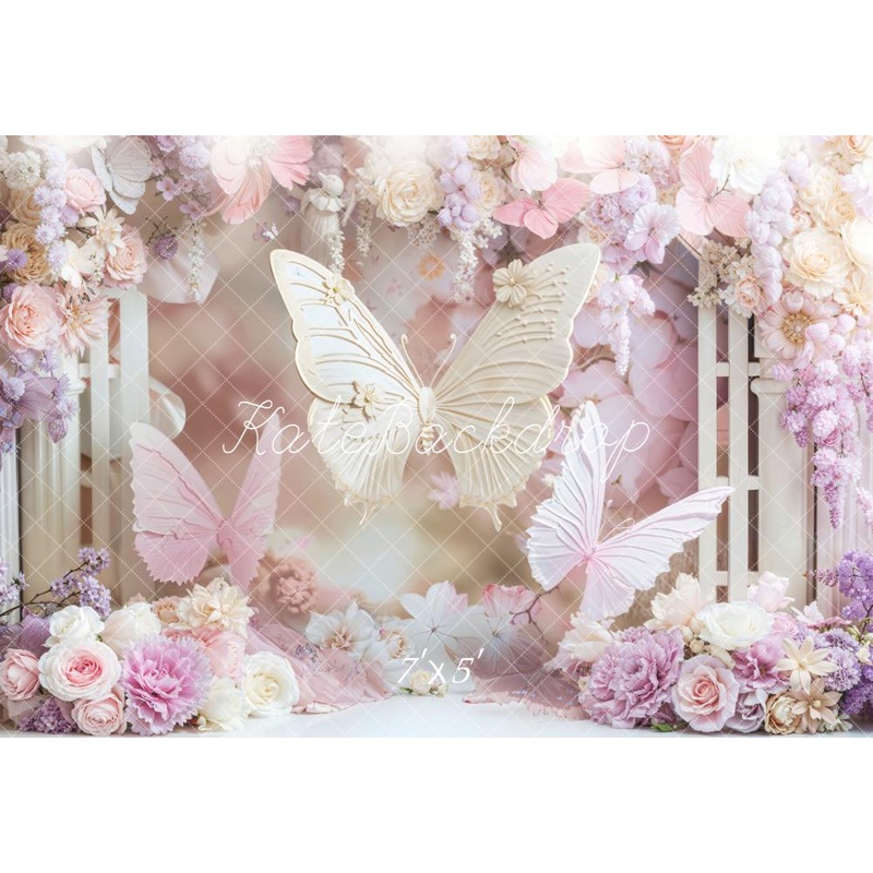 Kate Birthday Dreamy Butterfly Floral Pink Backdrop Designed by Emetselch Microfiber (Printed) 7x5ft - small kids sitting / cake smash