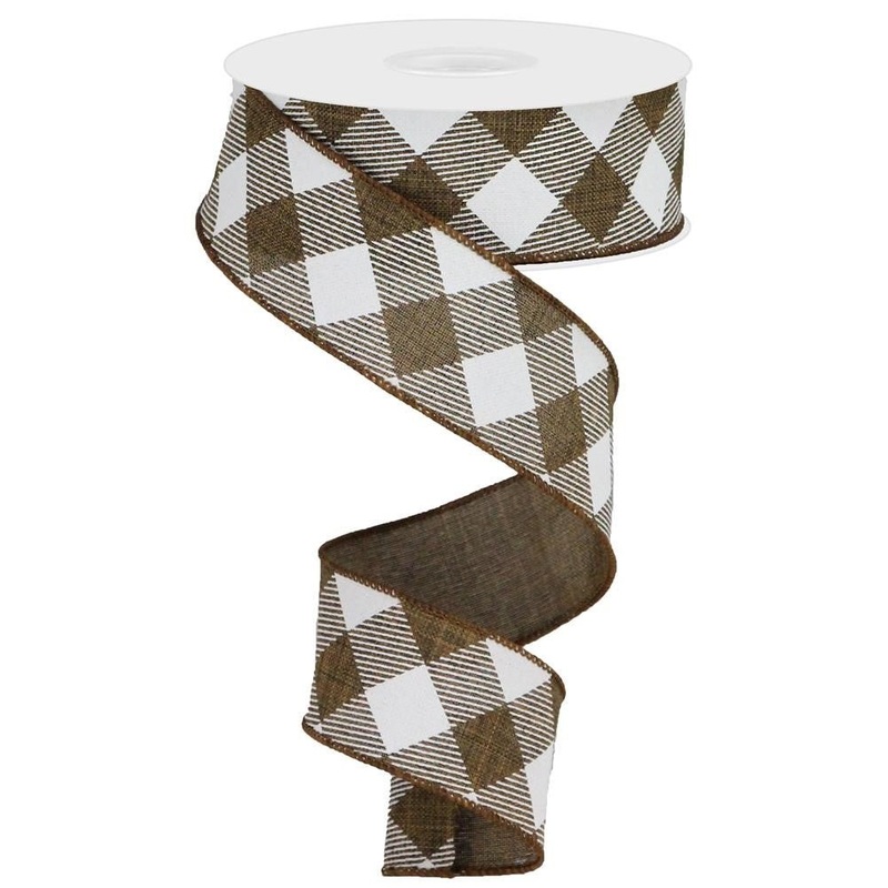 1.5" Diagonal Check Ribbon: Brown/White - 10yds