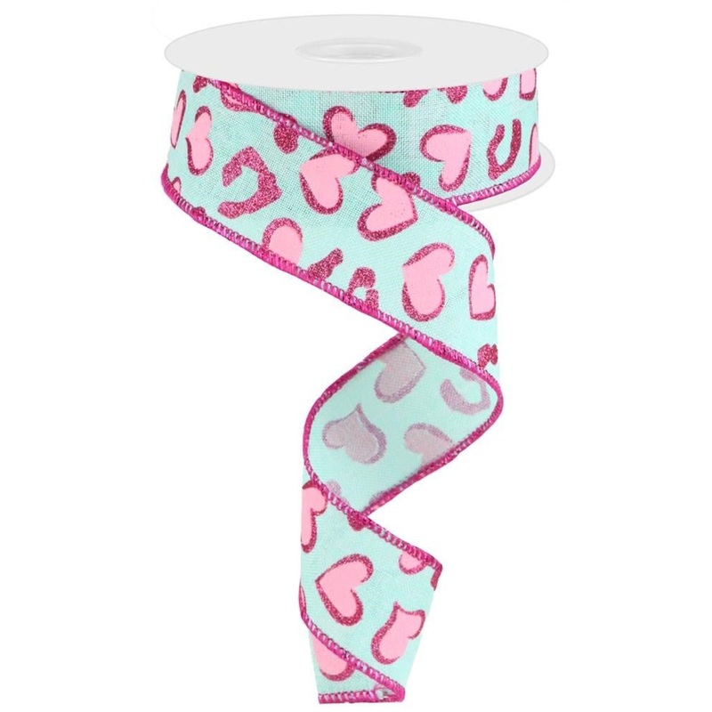 1.5" Hearts/Leopard Spots Ribbon - Mint/Pink (10yd)