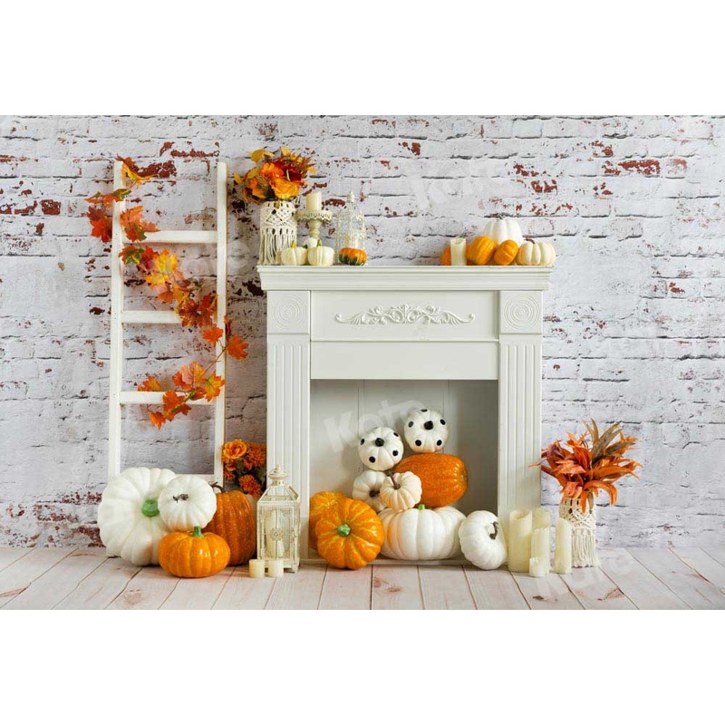 Kate Autumn Backdrop Pumpkin Old White Brick Wall Fireplace Designed by Emetselch 5x3ft - newborns and babies Microfiber (Printed)