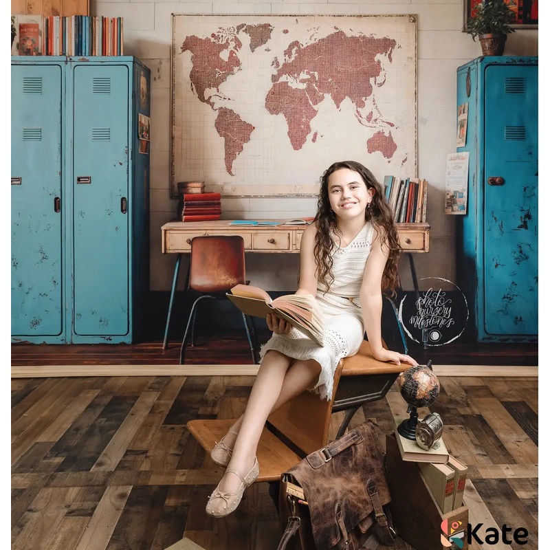 Kate Back To School Vintage Blue Locker Map Backdrop Designed by Emetselch Microfiber (Printed) 7x5ft - small kids sitting / cake smash