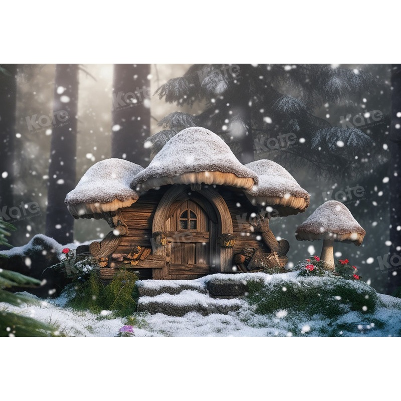 Kate Winter Snowing Mushroom House Backdrop for Photography 7x5ft - small kids sitting / cake smash Microfiber (Printed)