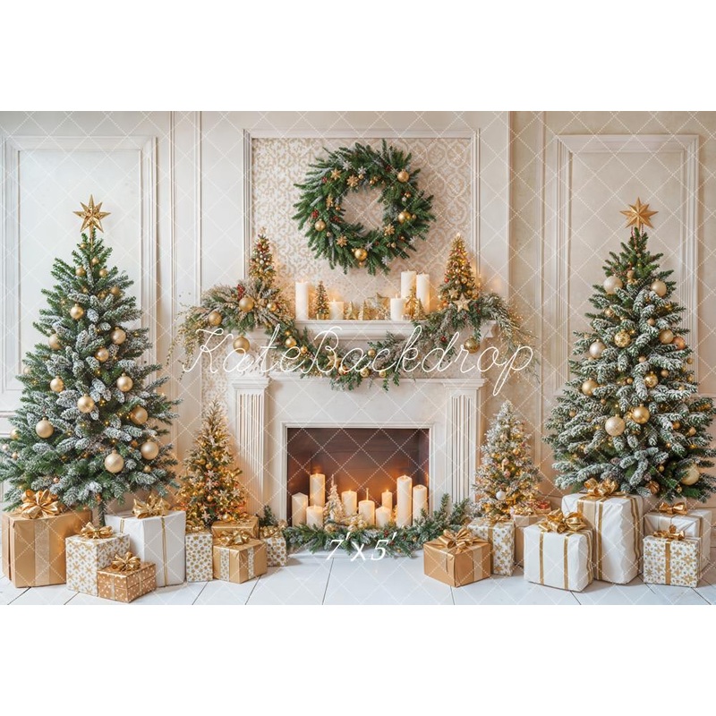 Kate Christmas Fireplace Trees Wreath Gold Ornaments Gifts Backdrop Designed by Emetselch Microfiber (Printed) 7x5ft - small kids sitting / cake smash