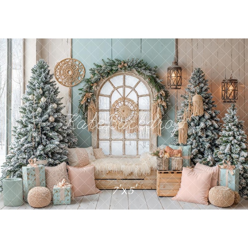 Kate Christmas Boho Arched Window Snowy Trees Pastel Backdrop Designed by Emetselch Microfiber (Printed) 7x5ft - small kids sitting / cake smash