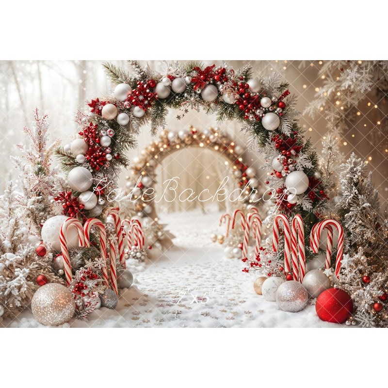 Kate Christmas Candy Cane Arch Snow Backdrop Designed by Emetselch Microfiber (Printed) 7x5ft - small kids sitting / cake smash